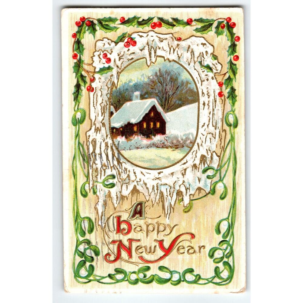 Vintage 1913 New Year Snowy Cabin Lithograph Postcard Divided Back